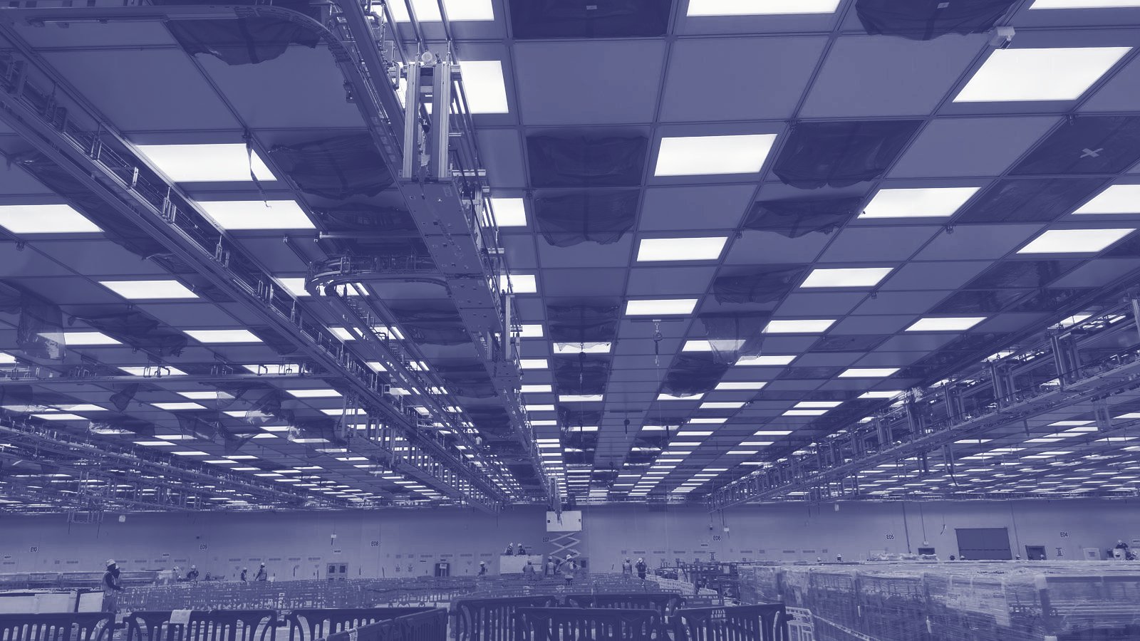 Fab ceiling with overhead rail and lighting grid