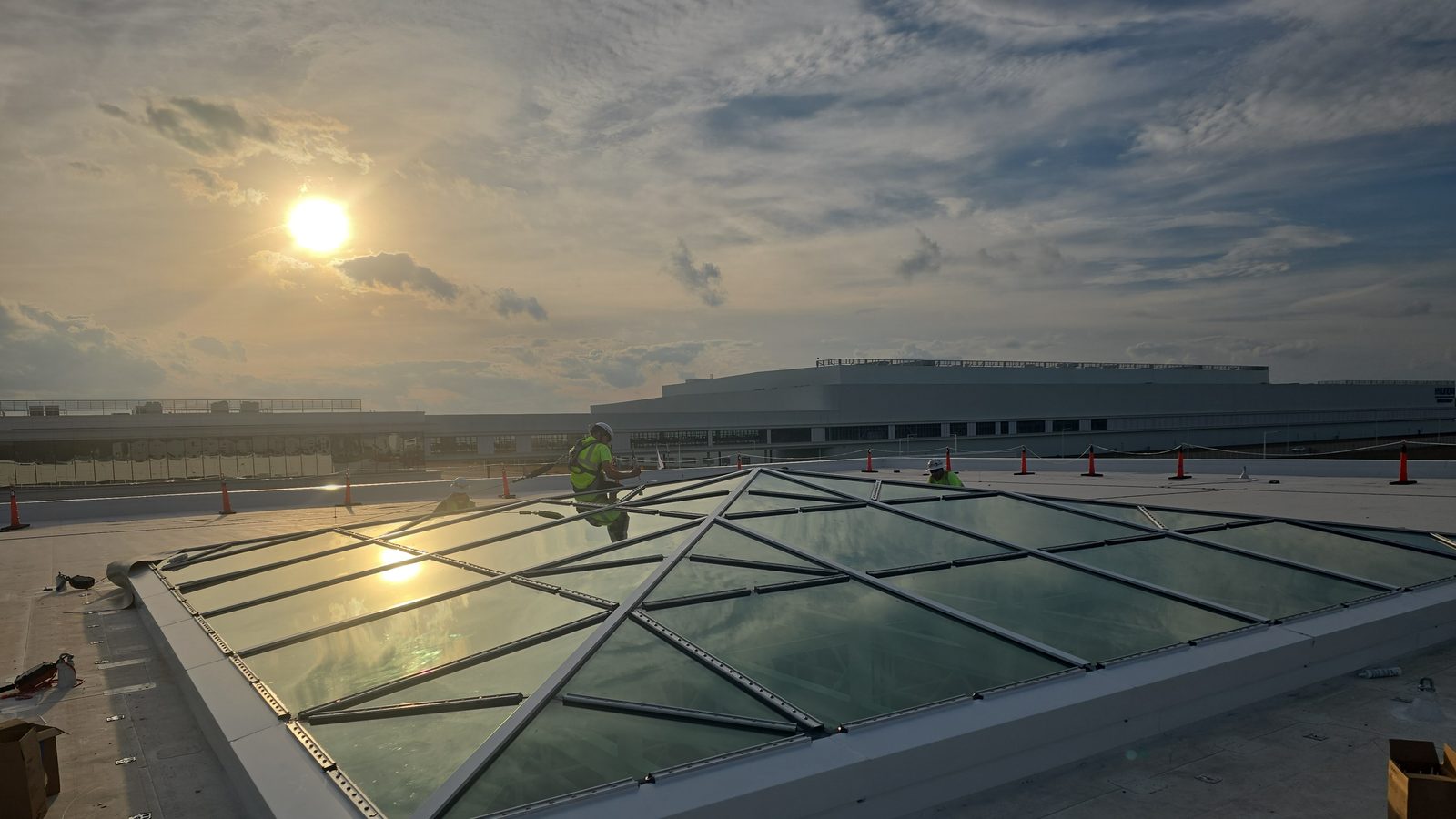 Finished skylights on the roof at sunset