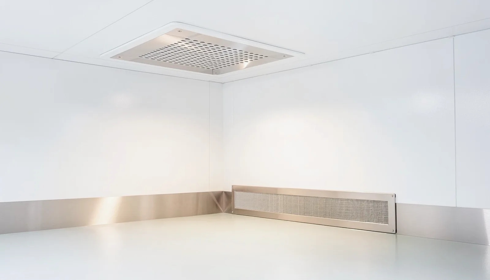 Cleanroom with ceiling HEPA and low-wall returns (illustrative)
