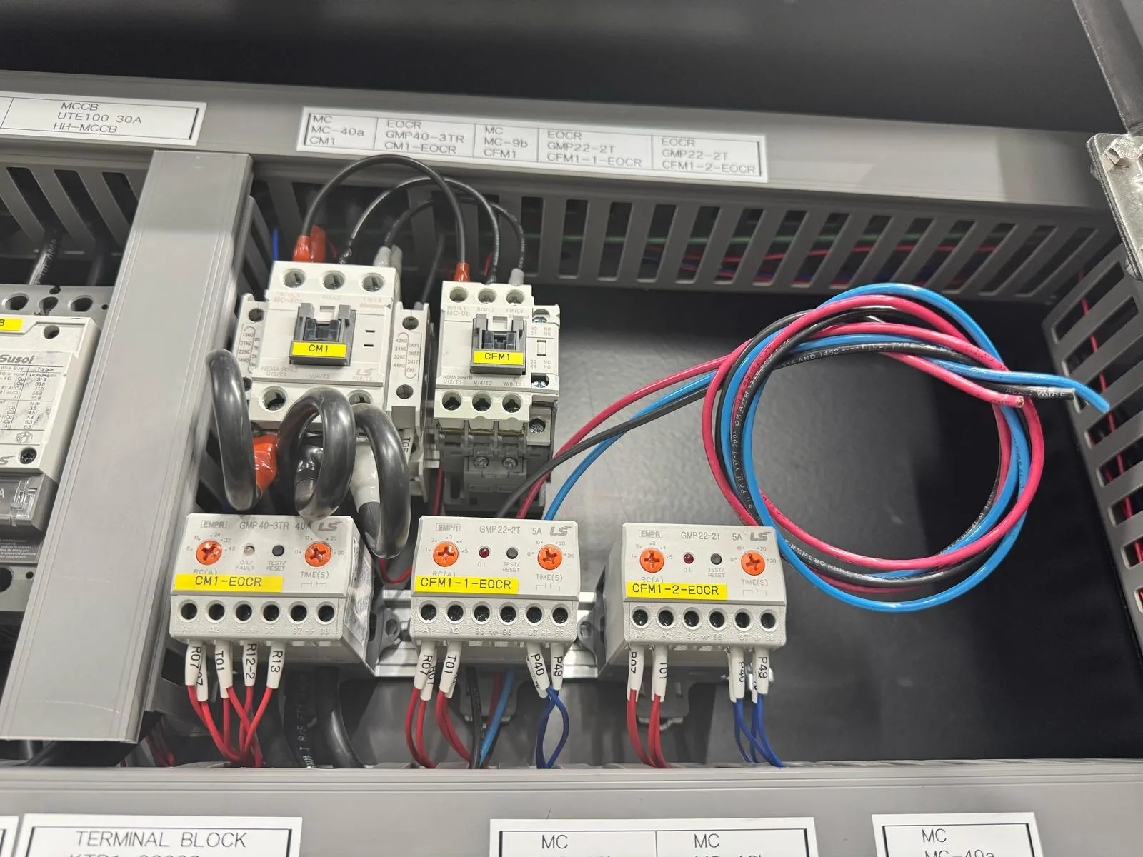 Inside a motor control panel: contactors, overload relays and terminal blocks